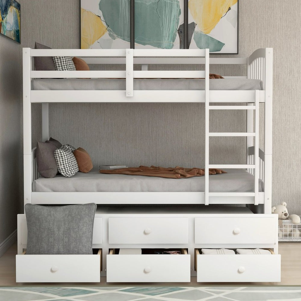 English Elm Twin Over Bunk Bed with Trundle and 3 Drawers Solid Pine Kids Guest Room LT000071AAK-1