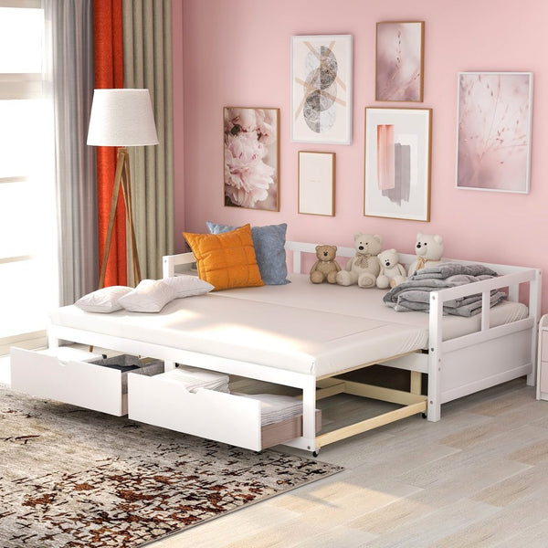 English Elm Wooden Twin to King Daybed with Trundle and Storage Drawers for Guest Rooms White N708P336539K