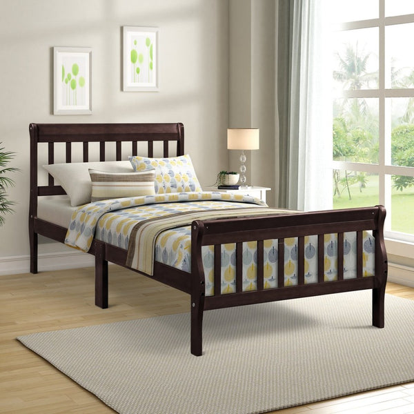 English Elm Wood Sleigh Twin Bed Solid Frame with Curved Headboard and Footboard for Kids Rooms Espresso N708P330271D