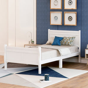 English Elm Wood Sleigh Twin Platform Bed Solid Frame with Hollow Panel Headboard No Box Spring Needed White WF192439AAK