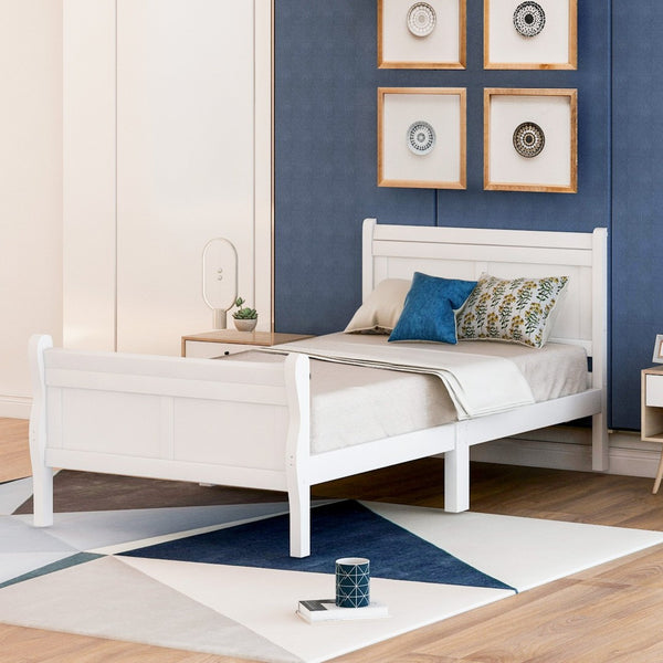 English Elm Wood Sleigh Twin Platform Bed Solid Frame with Hollow Panel Headboard No Box Spring Needed White WF192439AAK