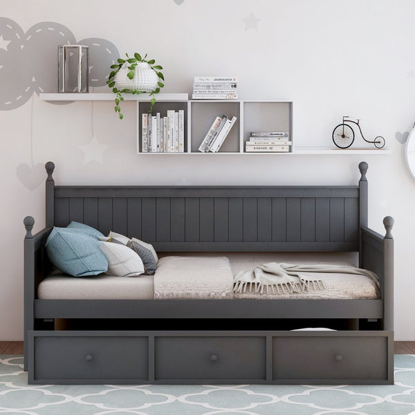English Elm Wood Twin Daybed Solid Pine Frame with Three Storage Drawers and Traditional Style LP000077AAE
