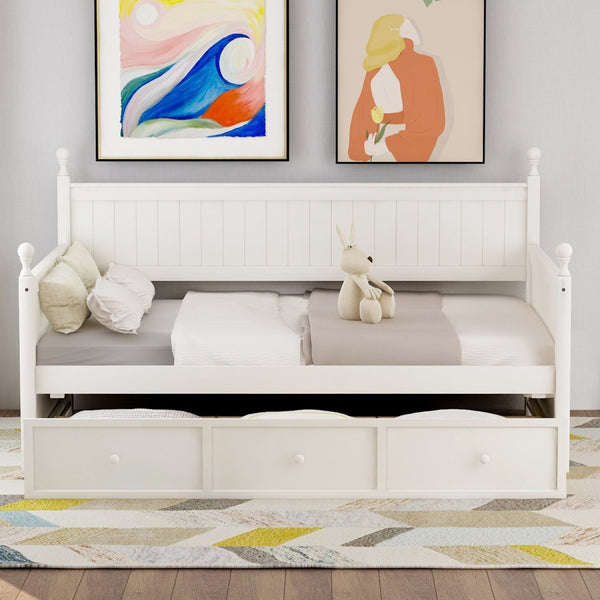 English Elm Wood Twin Daybed with Three Storage Drawers Pine Frame Slatted Guest Room Lounge WF295565AAK