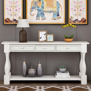 English Elm Trexm Mediterranean Console Table 64 Inch Pine Wood with Three Drawers Entryway WF193795AAK