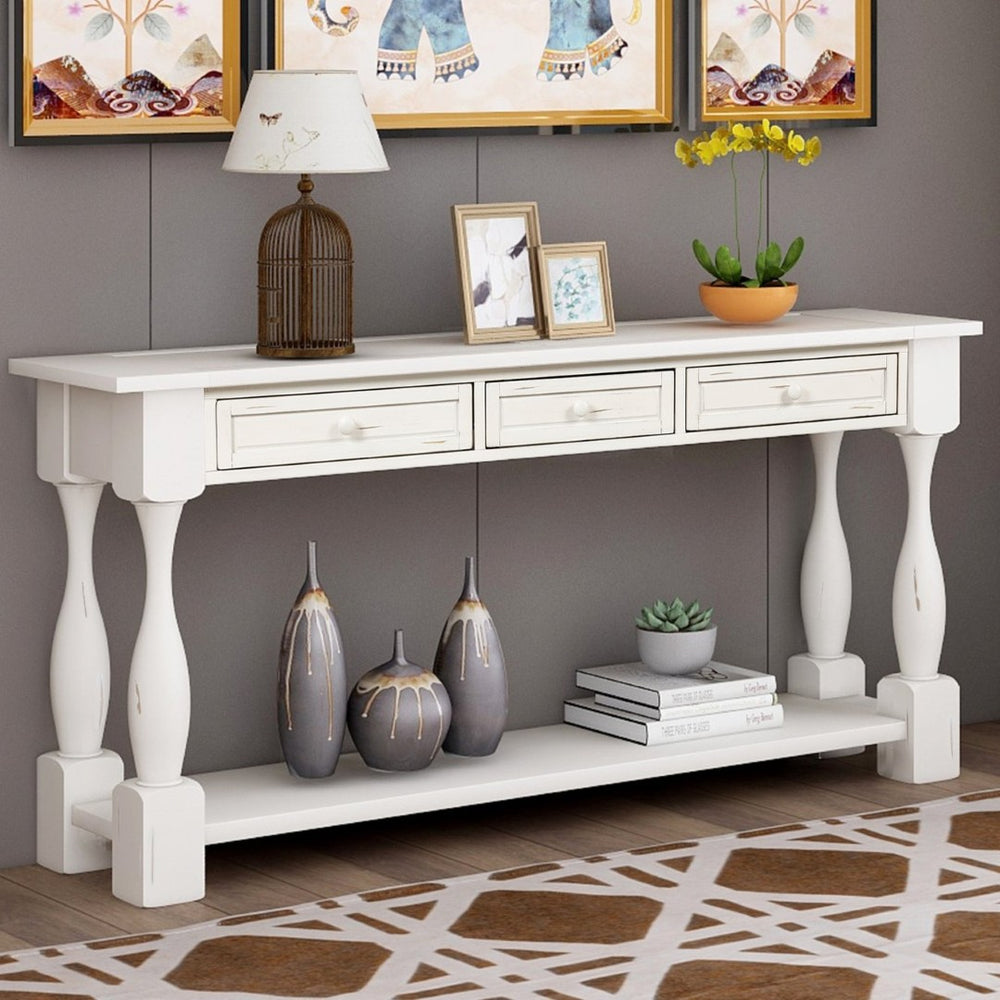 English Elm Trexm Mediterranean Console Table 64 Inch Pine Wood with Three Drawers Entryway WF193795AAK