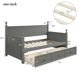 English Elm Wood Twin Daybed Solid Pine Frame with Three Storage Drawers and Traditional Style LP000077AAE