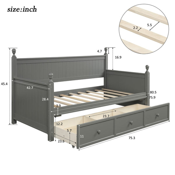 English Elm Wood Twin Daybed Solid Pine Frame with Three Storage Drawers and Traditional Style LP000077AAE