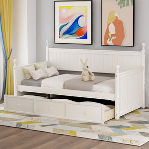 English Elm Wood Twin Daybed with Three Storage Drawers Pine Frame Slatted Guest Room Lounge WF295565AAK