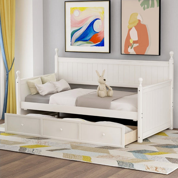 English Elm Wood Twin Daybed with Three Storage Drawers Pine Frame Slatted Guest Room Lounge WF295565AAK