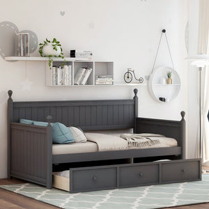 English Elm Wood Twin Daybed Solid Pine Frame with Three Storage Drawers and Traditional Style LP000077AAE