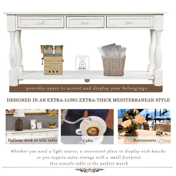 English Elm Trexm Mediterranean Console Table 64 Inch Pine Wood with Three Drawers Entryway WF193795AAK