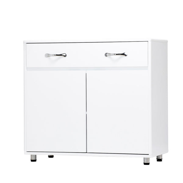 English Elm Two Door White Cabinet Side Table with Drawer and Shelves for Modern Living Rooms W28203337
