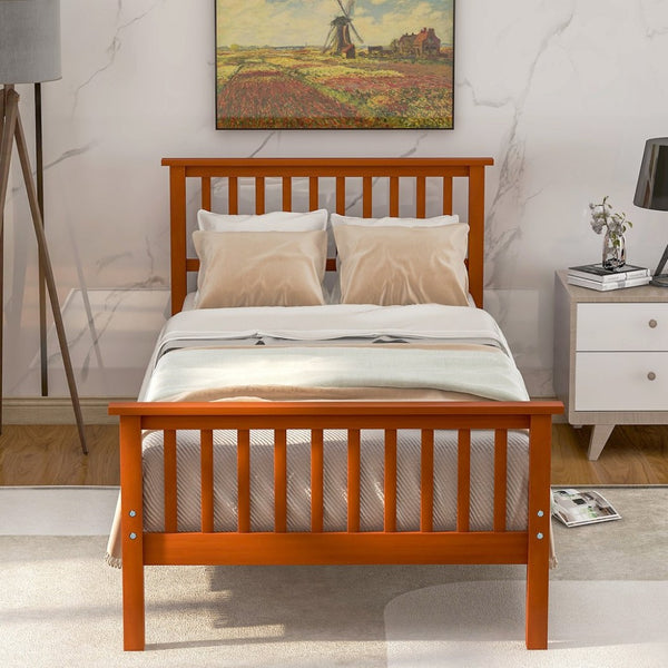 English Elm Wood Pine Platform Bed Oak Finish Low Profile Frame with Headboard for Twin Xl WF191767AAL