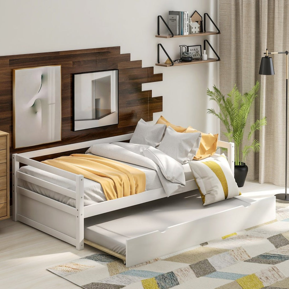 English Elm Daybed with Pull Out Trundle Twin Pine Wood Frame Guest Room Sleep Solution White WF191421AAK