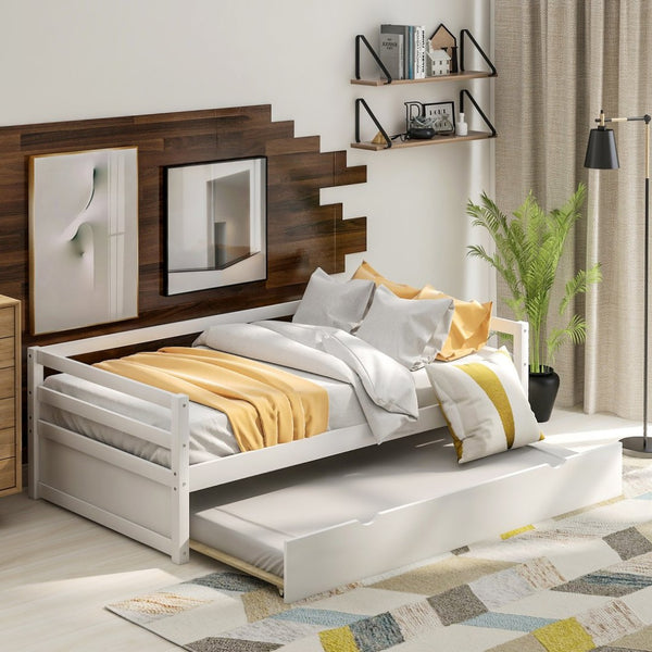 English Elm Daybed with Pull Out Trundle Twin Pine Wood Frame Guest Room Sleep Solution White WF191421AAK