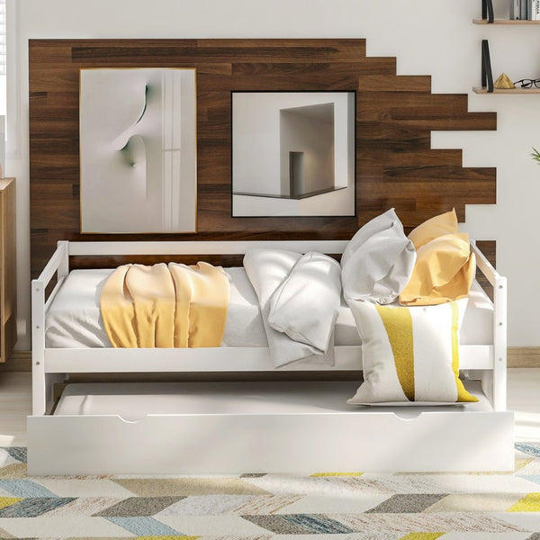 English Elm Daybed with Pull Out Trundle Twin Pine Wood Frame Guest Room Sleep Solution White WF191421AAK