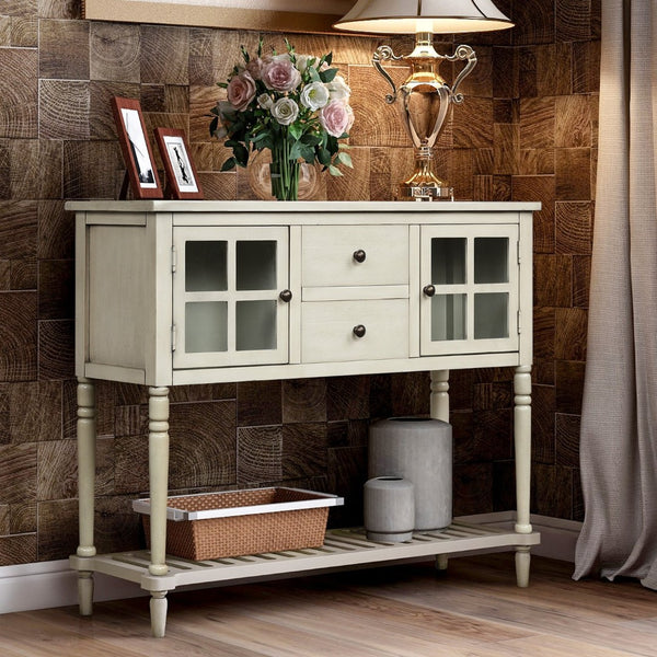 English Elm Trexm Farmhouse Buffet Cabinet with Glass Doors Drawers and Open Shelf Display WF193444AAE