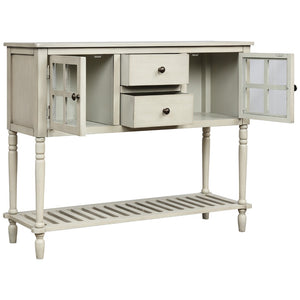 English Elm Trexm Farmhouse Buffet Cabinet with Glass Doors Drawers and Open Shelf Display WF193444AAE