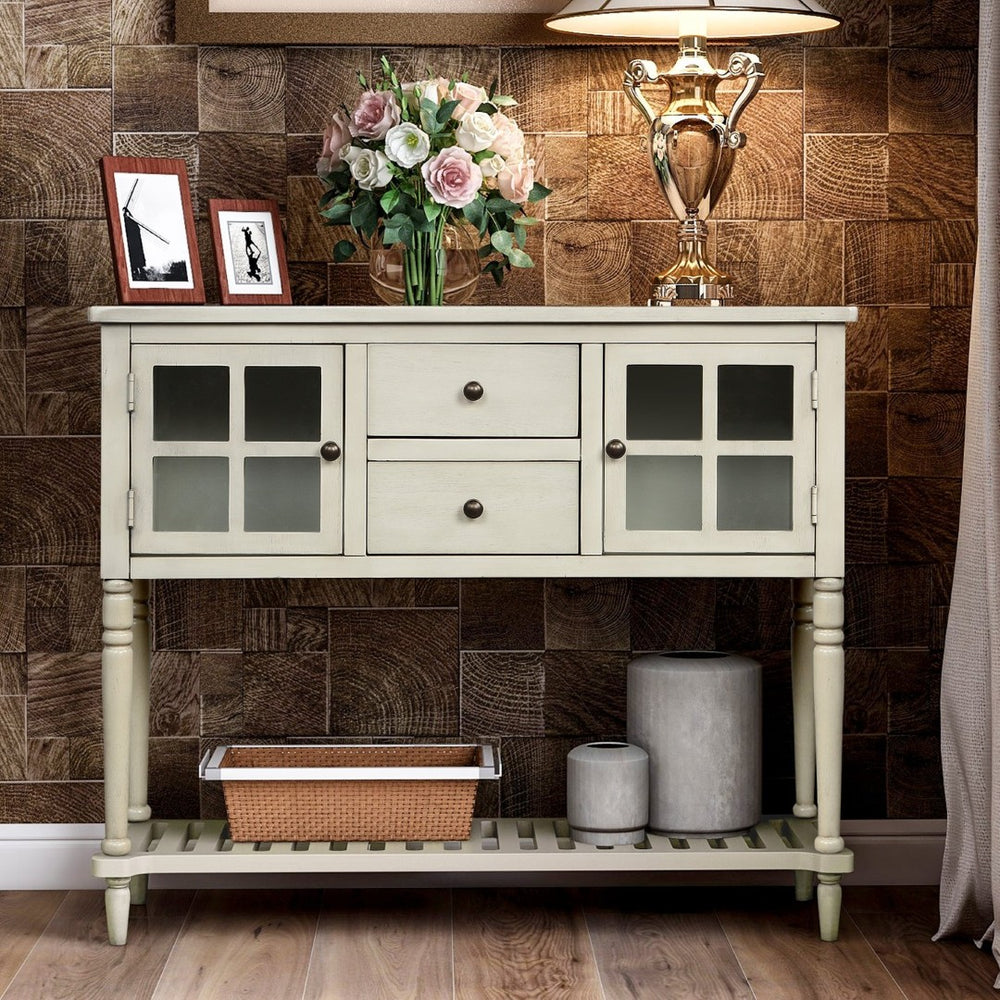 English Elm Trexm Farmhouse Buffet Cabinet with Glass Doors Drawers and Open Shelf Display WF193444AAE