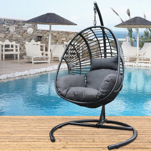 English Elm High Back Pe Wicker Hanging Egg Chair with Steel Base for Patio or Living Room W400S00007