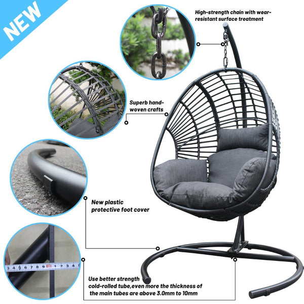 English Elm High Back Pe Wicker Hanging Egg Chair with Steel Base for Patio or Living Room W400S00007