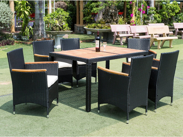 English Elm Eelifee 7-Piece Outdoor Wicker Dining Set With Acacia Wood Top - Stylish, Durable, And Comfortable! W329S00006