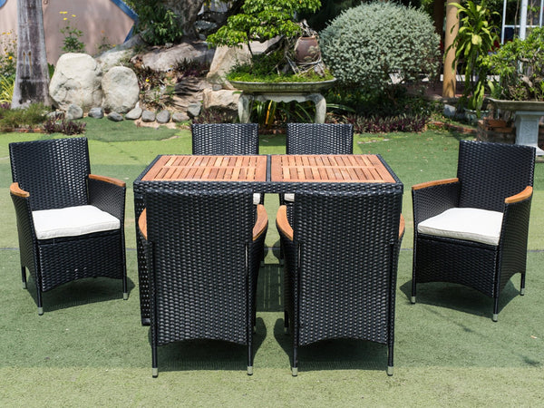 English Elm Eelifee 7-Piece Outdoor Wicker Dining Set With Acacia Wood Top - Stylish, Durable, And Comfortable! W329S00006