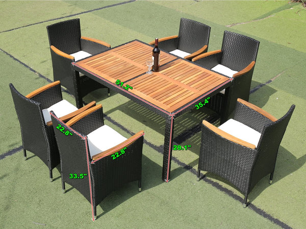 English Elm Eelifee 7-Piece Outdoor Wicker Dining Set With Acacia Wood Top - Stylish, Durable, And Comfortable! W329S00006