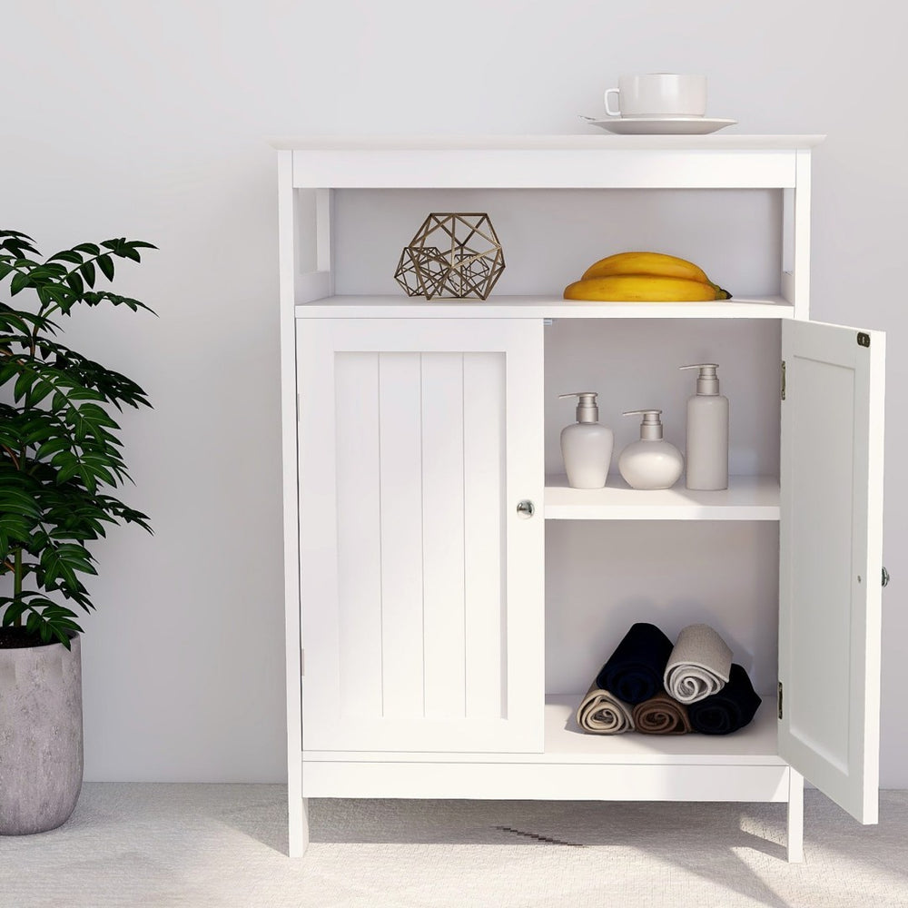 English Elm Bathroom Freestanding Storage Cabinet with Shutter Doors Open Shelf White Mdf W28215278