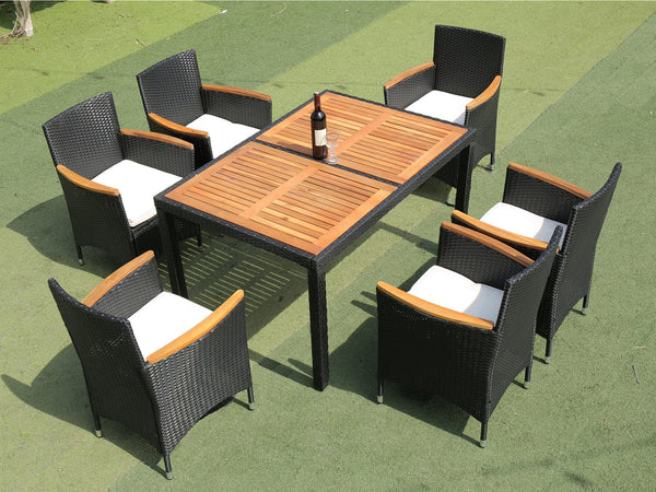 English Elm Eelifee 7-Piece Outdoor Wicker Dining Set With Acacia Wood Top - Stylish, Durable, And Comfortable! W329S00006