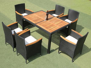 English Elm Eelifee 7-Piece Outdoor Wicker Dining Set With Acacia Wood Top - Stylish, Durable, And Comfortable! W329S00006