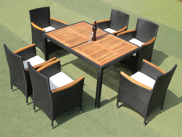 English Elm Eelifee 7-Piece Outdoor Wicker Dining Set With Acacia Wood Top - Stylish, Durable, And Comfortable! W329S00006