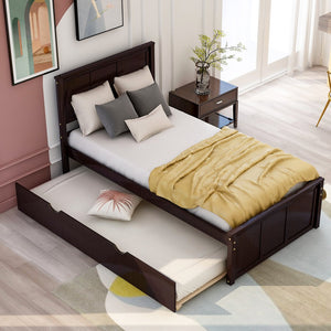 English Elm Platform Twin Size Bed with Rolling Trundle, Solid Wood & MDF Frame, Space-Saving Guest Solution Espresso WF194473AAP