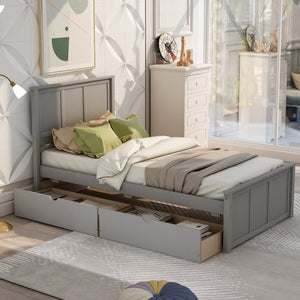 English Elm Platform Twin Storage Bed with Two Under-Drawer Wheels, Solid Wood & MDF Frame, Space-Saving Design Gray WF194472AAE