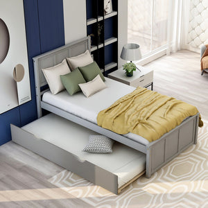 English Elm Platform Twin Size Bed with Rolling Trundle, Solid Wood & MDF Frame, Space-Saving Guest Solution Gray WF194473AAE