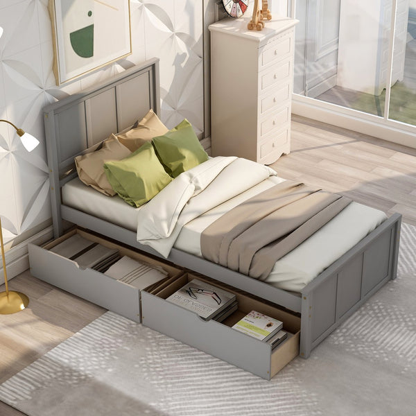 English Elm Platform Twin Storage Bed with Two Under-Drawer Wheels, Solid Wood & MDF Frame, Space-Saving Design Gray WF194472AAE