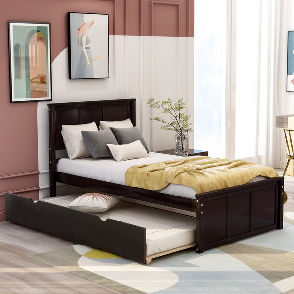English Elm Platform Twin Size Bed with Rolling Trundle, Solid Wood & MDF Frame, Space-Saving Guest Solution Espresso WF194473AAP