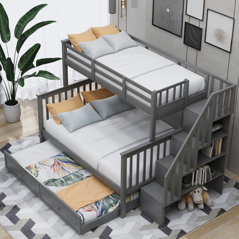 English Elm Stairway Twin Over Full Bunk Bed with Trundle Stair Storage and Guard Rail LT000119AAE-1
