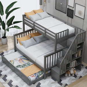 English Elm Stairway Twin Over Full Bunk Bed with Trundle Stair Storage and Guard Rail LT000119AAE-1