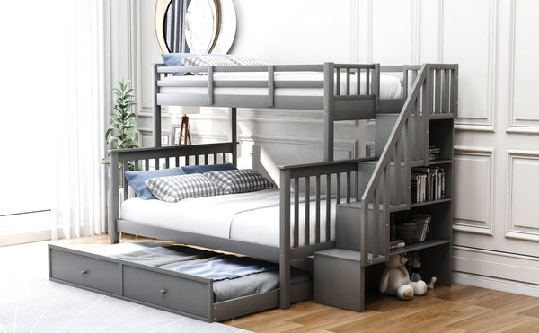 English Elm Stairway Twin Over Full Bunk Bed with Trundle Stair Storage and Guard Rail LT000119AAE-1