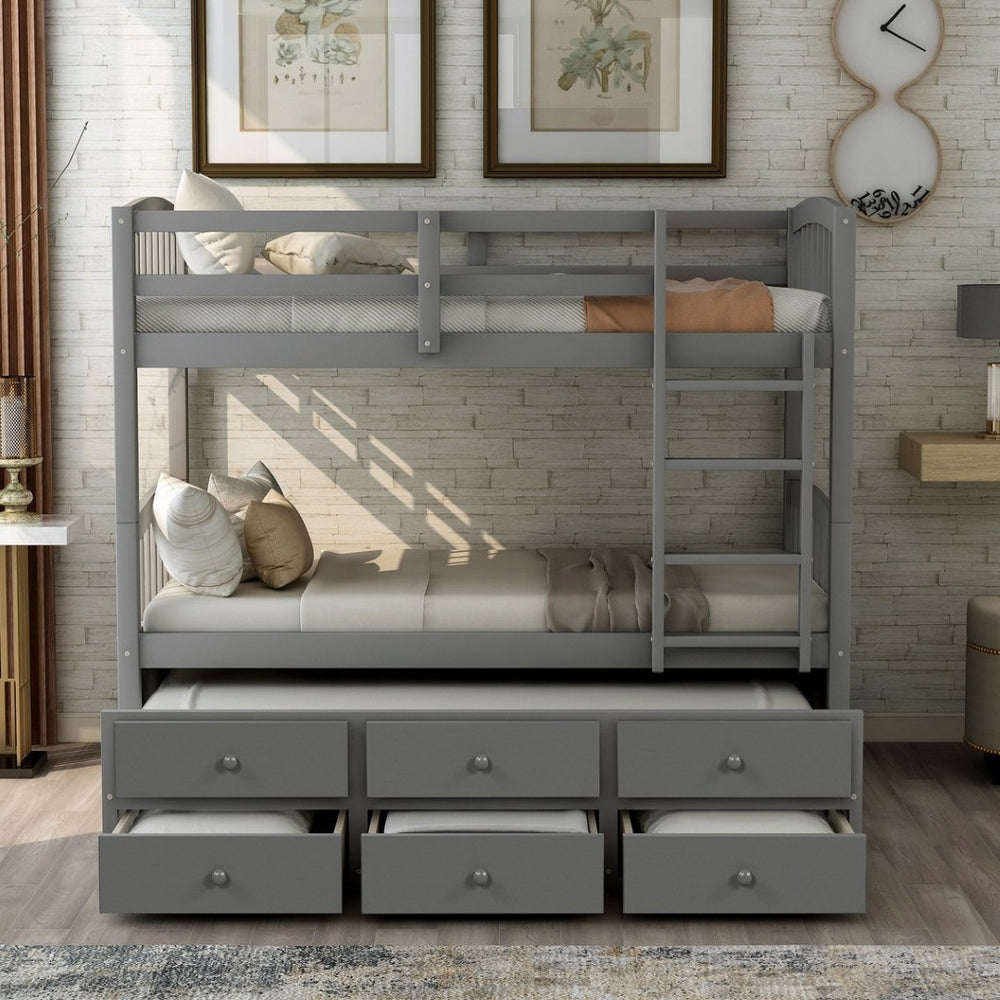 English Elm Twin Over Bunk Bed with Trundle and 3 Drawers Solid Pine Kids Guest Room LT000071AAE-1