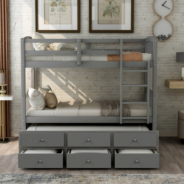 English Elm Twin Over Bunk Bed with Trundle and 3 Drawers Solid Pine Kids Guest Room LT000071AAE-1