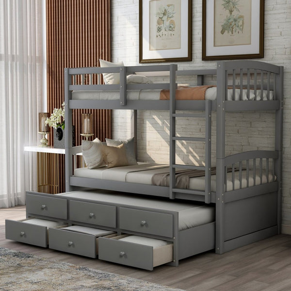 English Elm Twin Over Bunk Bed with Trundle and 3 Drawers Solid Pine Kids Guest Room LT000071AAE-1