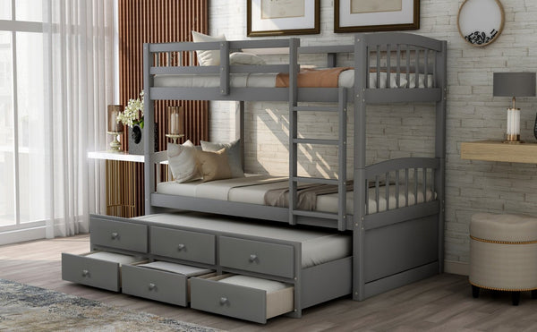 English Elm Twin Over Bunk Bed with Trundle and 3 Drawers Solid Pine Kids Guest Room LT000071AAE-1
