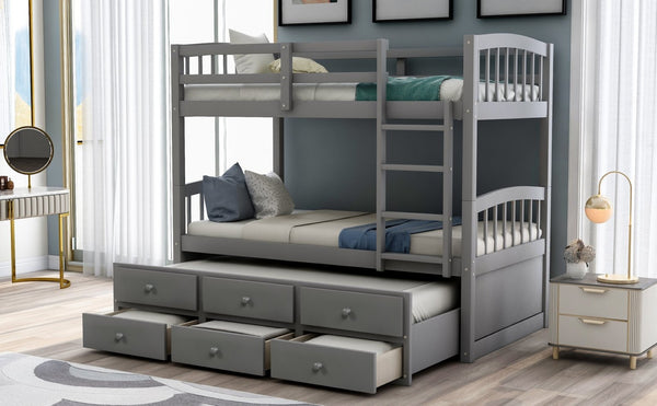 English Elm Twin Over Bunk Bed with Trundle and 3 Drawers Solid Pine Kids Guest Room LT000071AAE