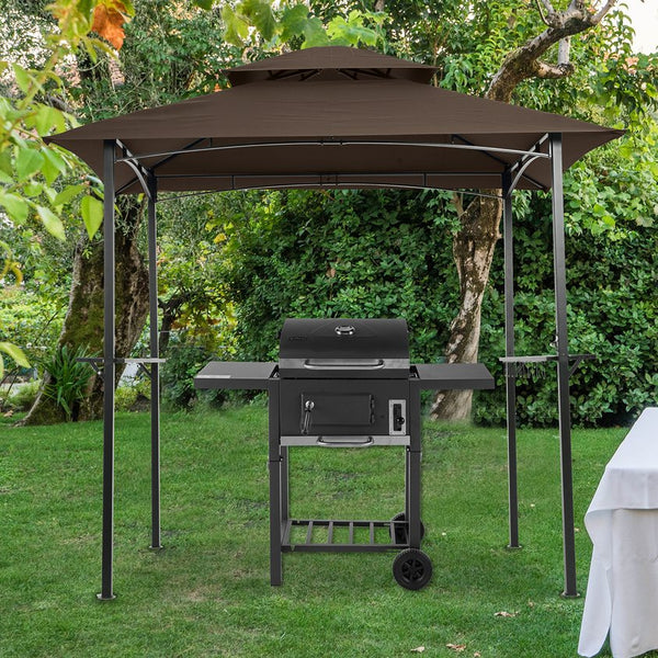 English Elm Outdoor Grill Gazebo 8x5 Ft – Rust-Resistant Steel Frame, Double-Tier Ventilated Canopy for BBQs and Parties Brown W41918149