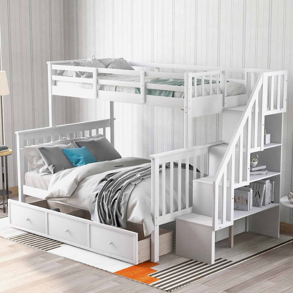 English Elm Stairway Twin Over Full Bunk Bed with Stair Storage Espresso Frame for Kids LT000219AAK