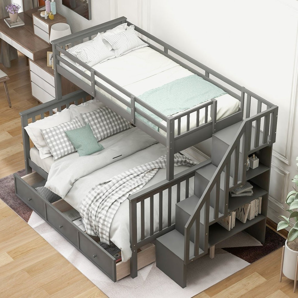 English Elm Stairway Twin Over Full Bunk Bed with Stair Storage Espresso Frame for Kids LT000219AAE