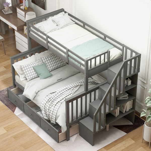 English Elm Stairway Twin Over Full Bunk Bed with Stair Storage Espresso Frame for Kids LT000219AAE