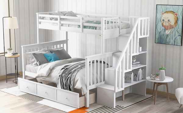 English Elm Stairway Twin Over Full Bunk Bed with Stair Storage Espresso Frame for Kids LT000219AAK
